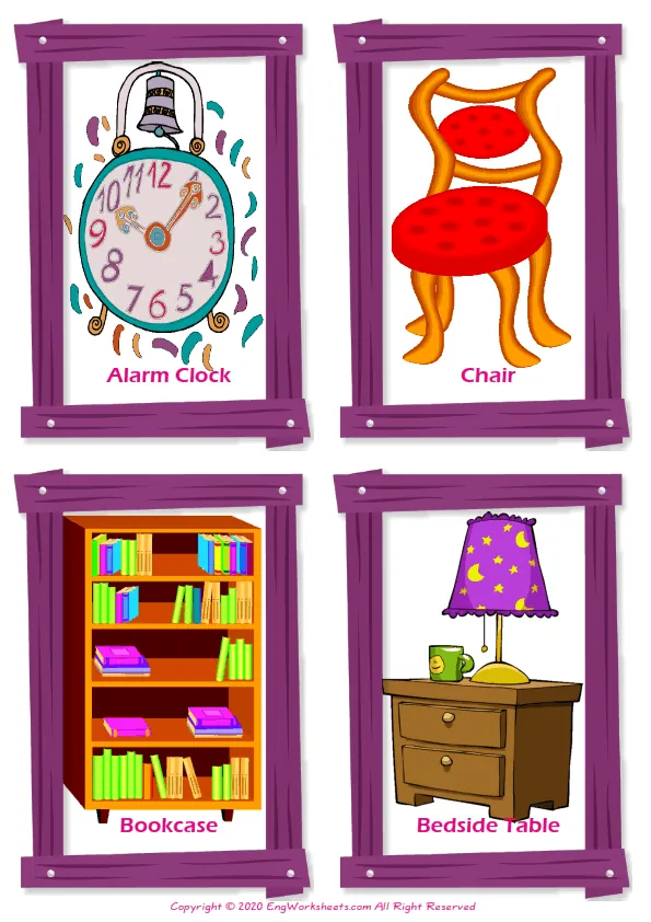 Bedroom vocabulary worksheet with words, four images per page