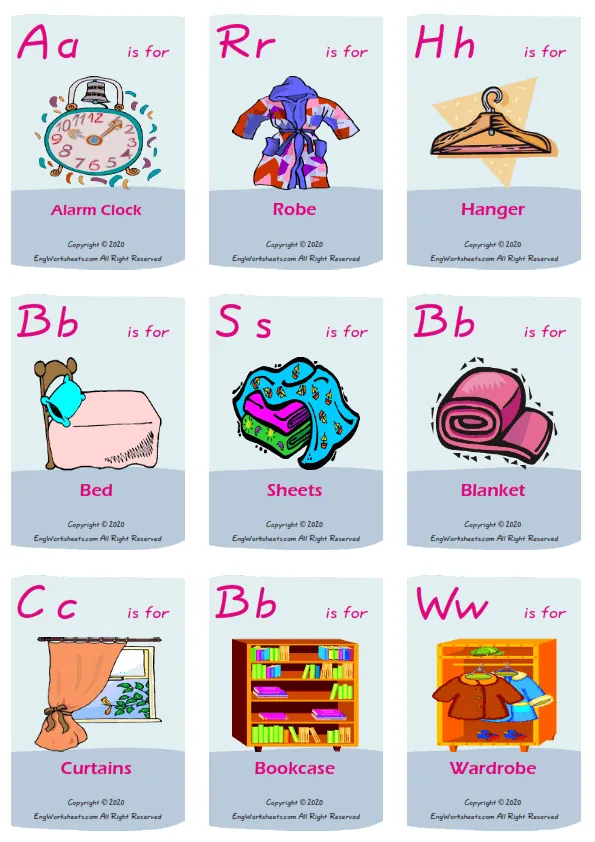 Bedroom vocabulary worksheet with words, nine images per page