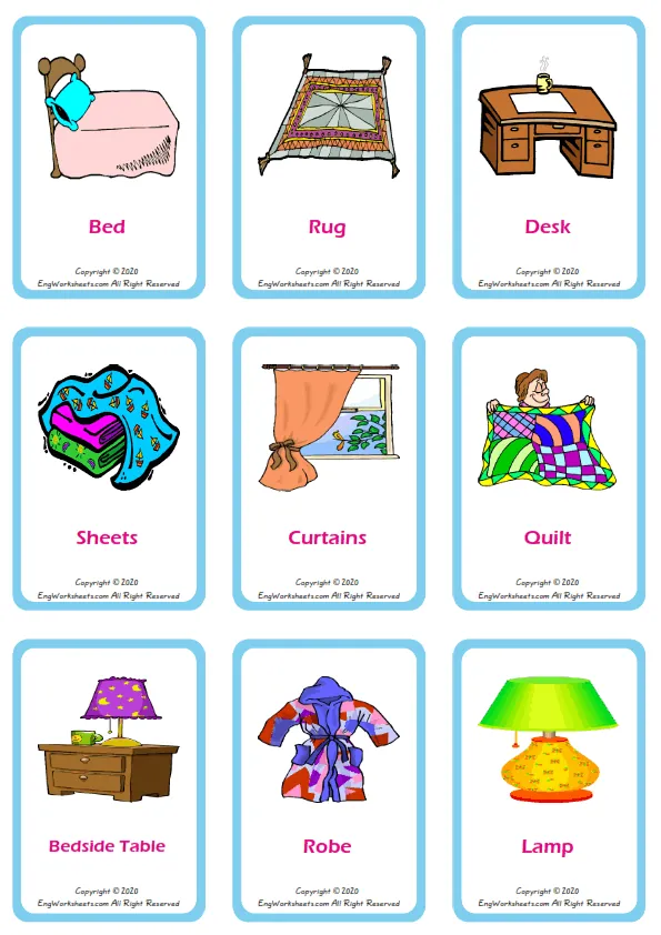 Bedroom vocabulary worksheet with words, nine images per page