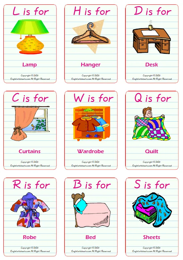 Bedroom vocabulary worksheet with words, nine images per page