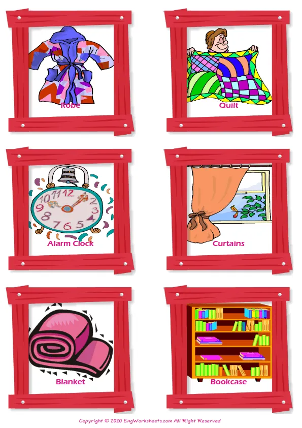 Bedroom vocabulary worksheet with words, six images per page