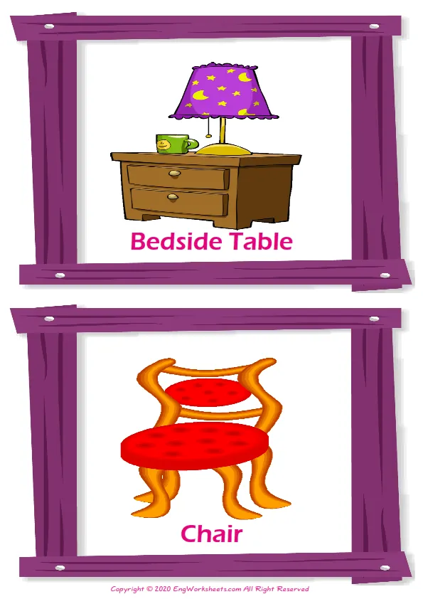 Bedroom vocabulary worksheet with words, two images per page