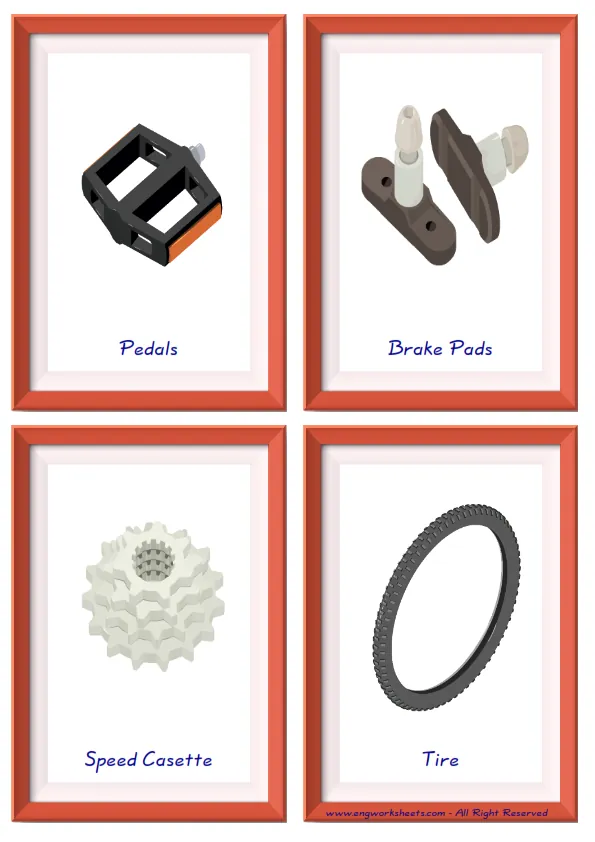 Quarter page ESL Flashcard together with words containing Bike picture for kids and teachers. Worksheet Preview