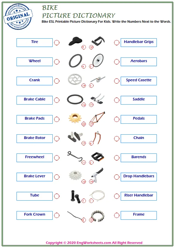 Bike ESL Printable Picture Dictionary For Kids. Write the Numbers Next to the Words. Worksheet Preview