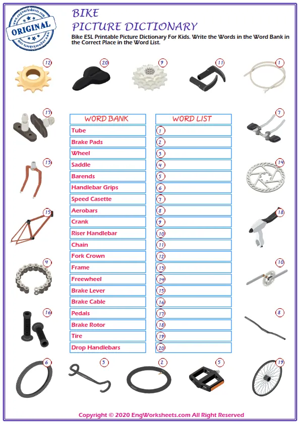 Bike ESL Printable Picture Dictionary For Kids. Write the Words in the Word Bank in the Correct Place in the Word List. Worksheet Preview