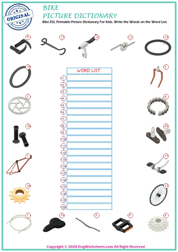 Bike ESL Printable Picture Dictionary For Kids. Write the Words on the Word List. Worksheet Preview