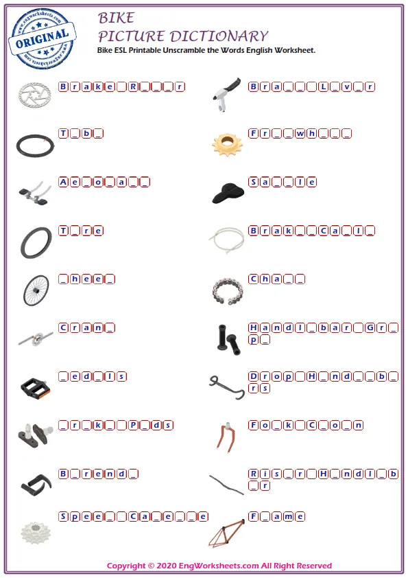 Bike ESL Printable Unscramble the Words English Worksheet. Worksheet Preview