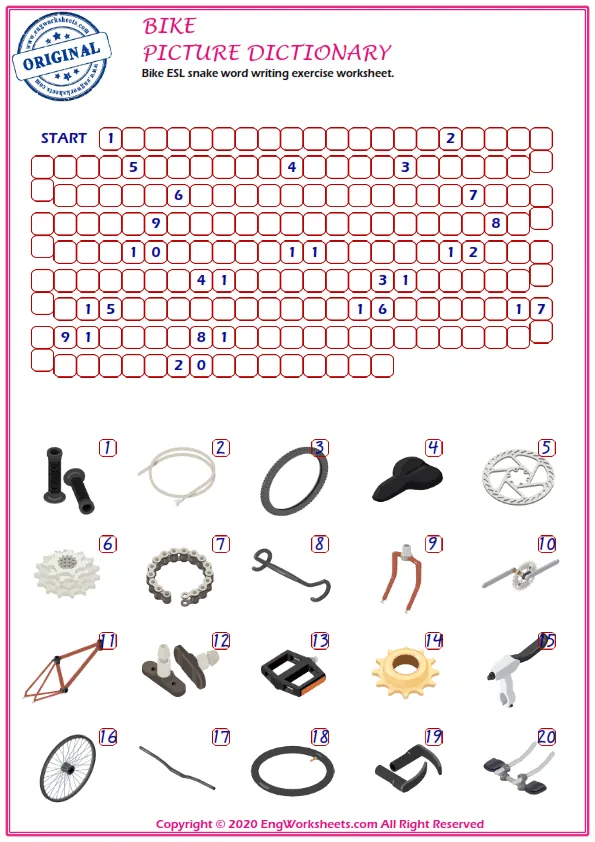 Bike ESL snake word writing exercise worksheet. Worksheet Preview