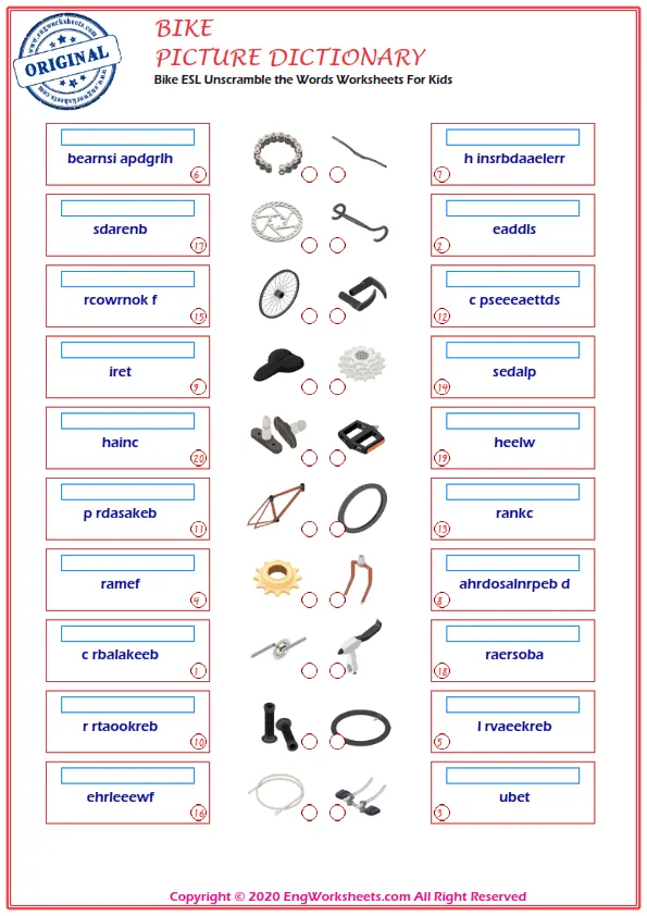 Bike ESL Unscramble the Words Worksheets For Kids Worksheet Preview
