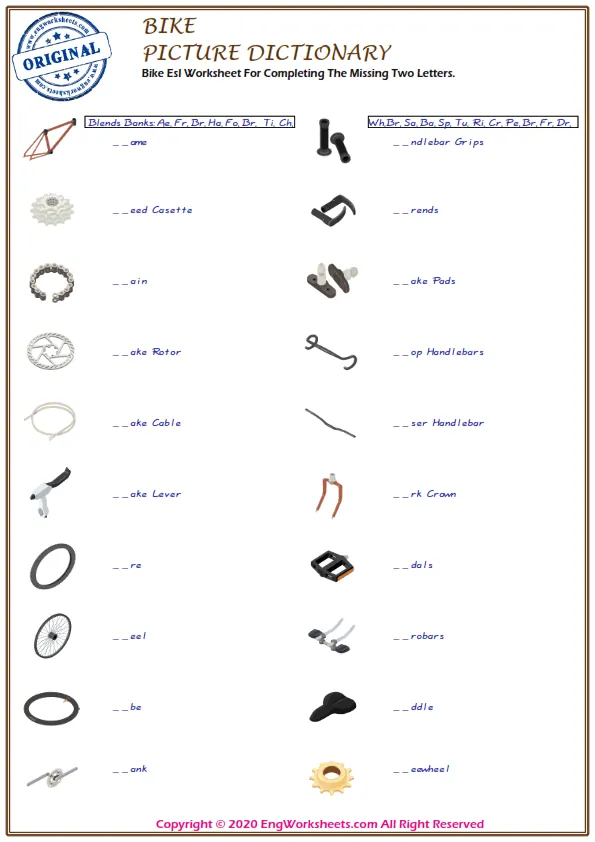 Bike Esl Worksheet For Completing The Missing Two Letters. Worksheet Preview