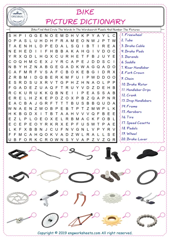 ESL wordsearch worksheets for kids, find Bike words in the word wordsearch write its number on its picture English worksheet. Worksheet Preview
