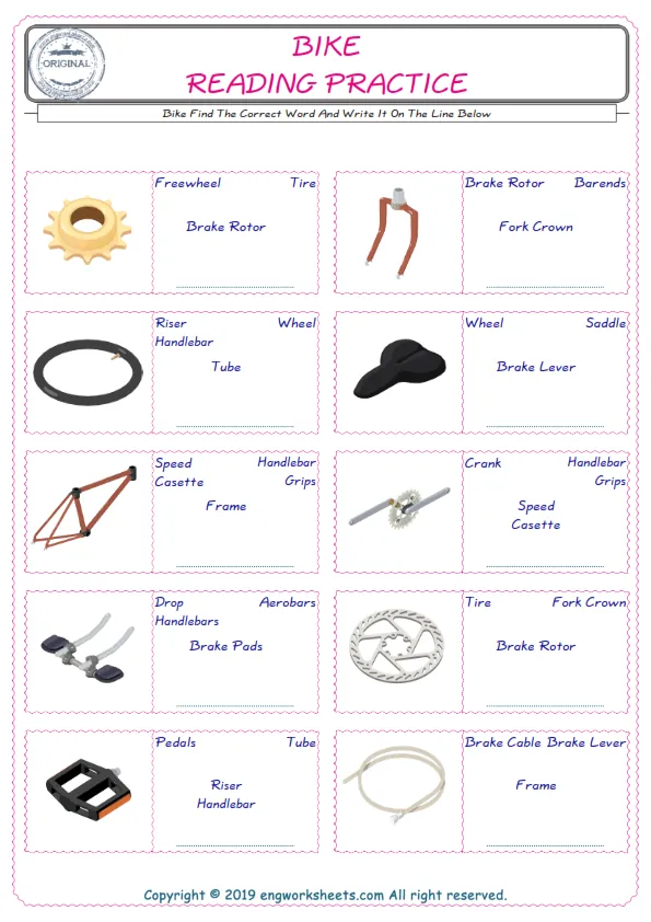 Check the picture of the Bike for kids ESL worksheet for supplying the correct one among four words into the blank place. Worksheet Preview