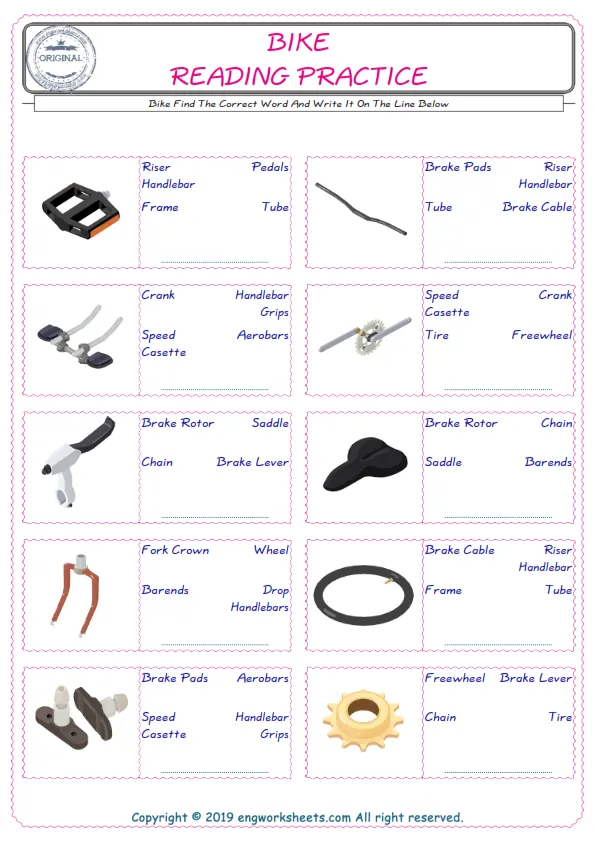 Check the picture of the Bike for kids ESL worksheet for supplying the correct one among three words into the blank place. Worksheet Preview