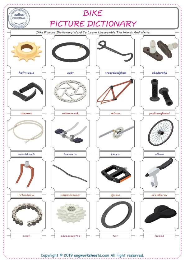 Bike ESL Worksheets For kids, the exercise worksheet of finding the words given complexly and supplying the correct one. Worksheet Preview