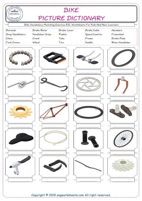 Bike for Kids ESL Word Matching English Exercise Worksheet. Worksheet Preview