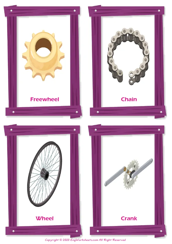 Bike vocabulary worksheet with words, four images per page Worksheet Preview