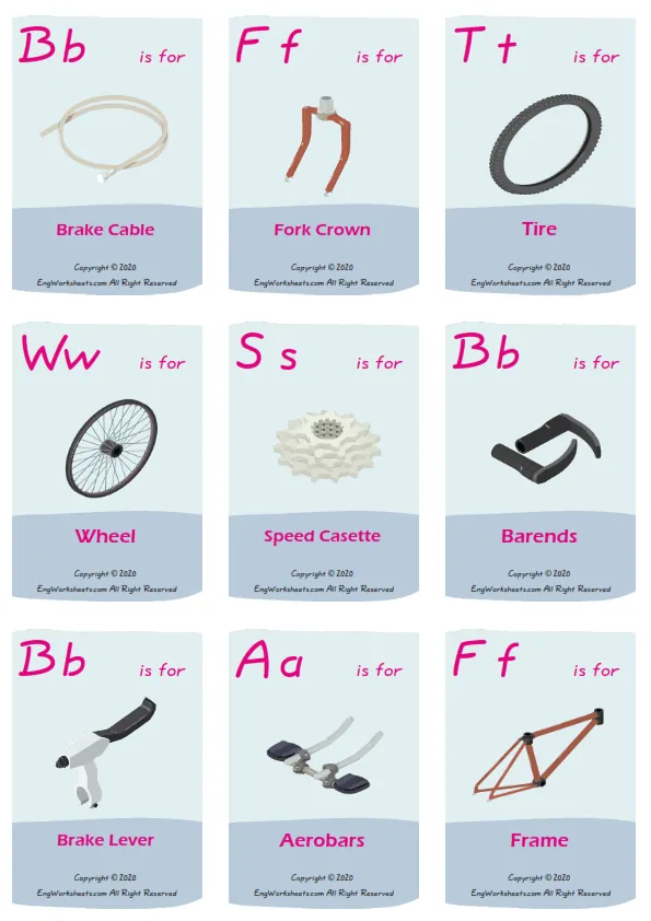 Bike vocabulary worksheet with words, nine images per page Worksheet Preview