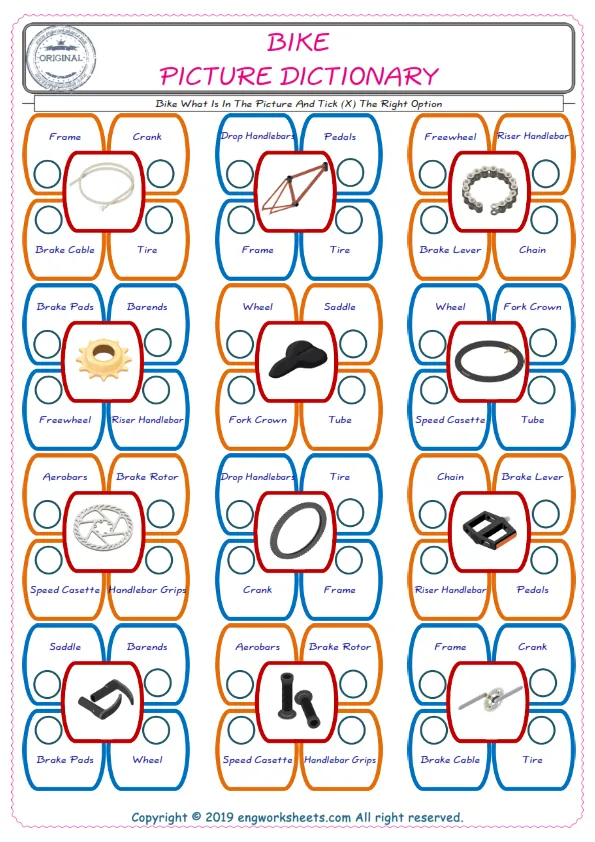 check the picture, mark the correct option amongst the given Bike words English worksheet for kids Worksheet Preview
