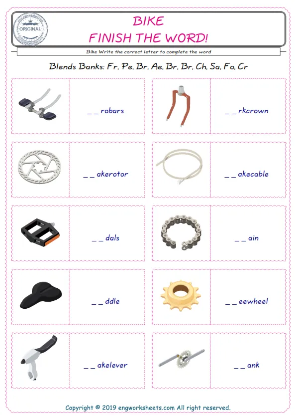 For kids, the Bike English worksheet for supplying into the correct blank place given letters special to the Bike Words. Worksheet Preview