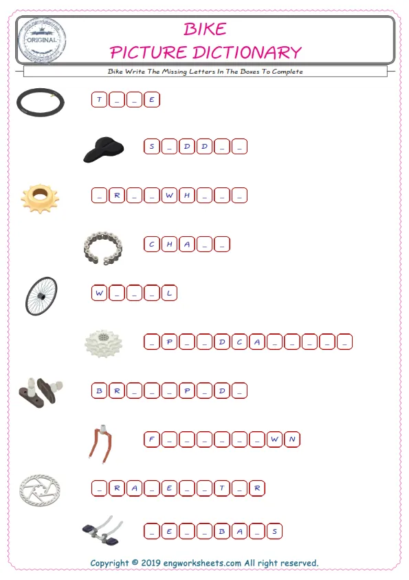 Type in the blank and learn the missing letters in the Bike words given for kids English worksheet. Worksheet Preview