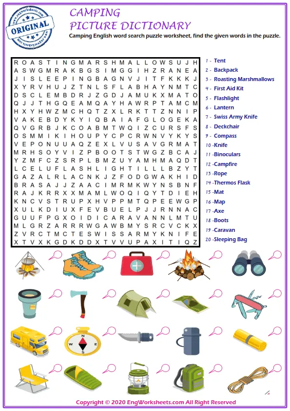 Camping English word search puzzle worksheet, find the given words in the puzzle. Worksheet Preview