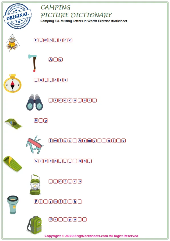 Camping ESL Missing Letters In Words Exercise Worksheet Worksheet Preview