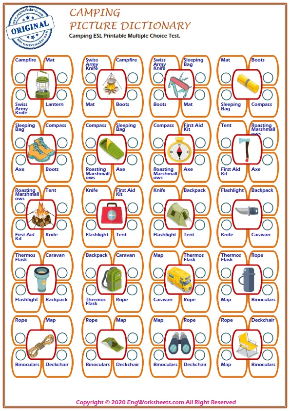 Camping ESL Printable Multiple Choice Test. Worksheet Preview