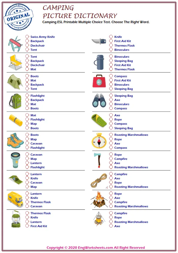 Camping ESL Printable Multiple Choice Test. Choose The Right Word. Worksheet Preview