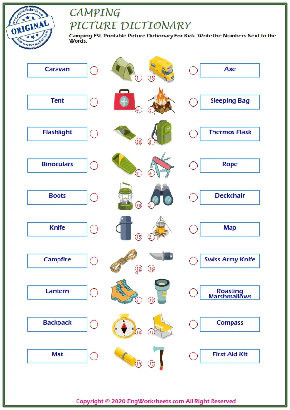 Camping ESL Printable Picture Dictionary For Kids. Write the Numbers Next to the Words. Worksheet Preview