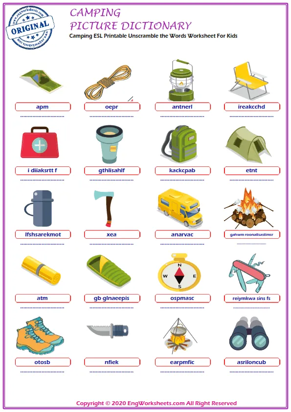 Camping ESL Printable Unscramble the Words Worksheet For Kids Worksheet Preview