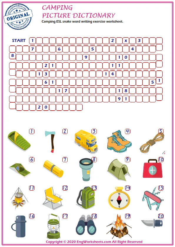 Camping ESL snake word writing exercise worksheet. Worksheet Preview