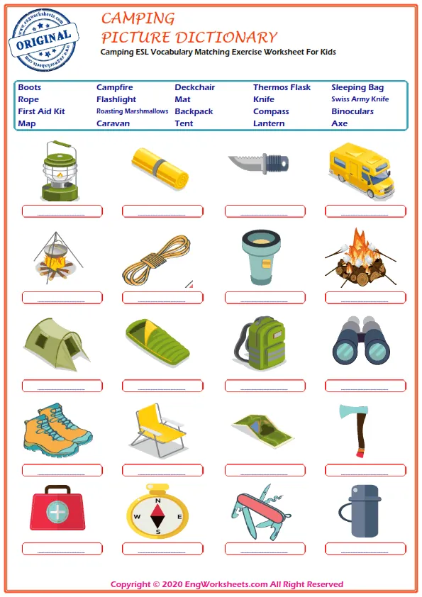Camping ESL Vocabulary Matching Exercise Worksheet For Kids Worksheet Preview