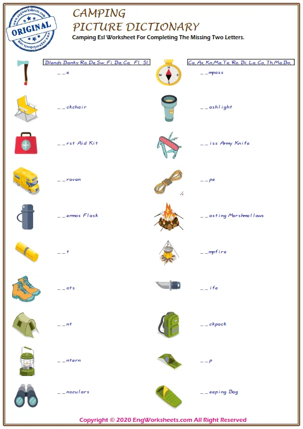 Camping Esl Worksheet For Completing The Missing Two Letters. Worksheet Preview