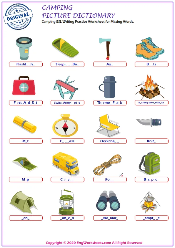Camping ESL Writing Practice Worksheet for Missing Words. Worksheet Preview