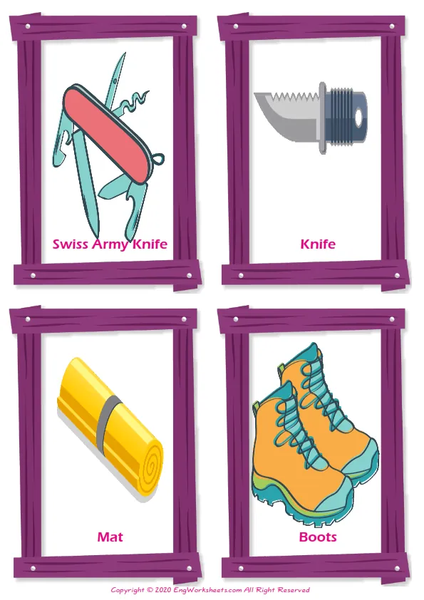 Camping vocabulary worksheet with words, four images per page Worksheet Preview