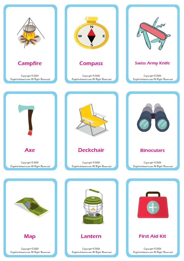 Camping vocabulary worksheet with words, nine images per page Worksheet Preview