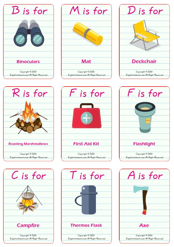 Camping vocabulary worksheet with words, nine images per page Worksheet Preview