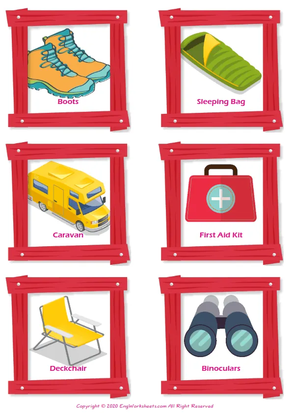 Camping vocabulary worksheet with words, six images per page Worksheet Preview