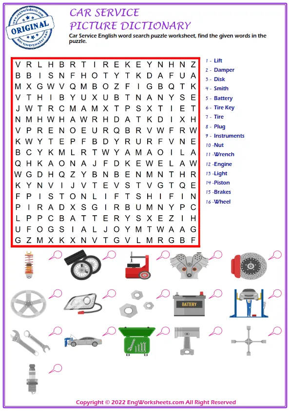 Wordless Car Service vocabulary worksheet with nine images per page Worksheet Preview