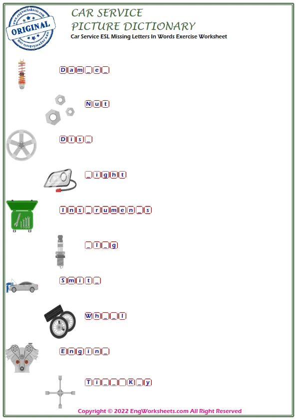 Car Service ESL Missing Letters In Words Exercise Worksheet Worksheet Preview