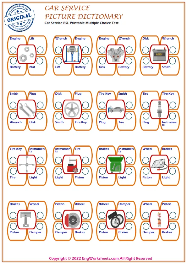 Car Service ESL Printable Multiple Choice Test. Worksheet Preview