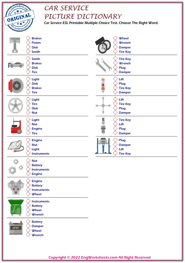 Car Service ESL Printable Multiple Choice Test. Choose The Right Word. Worksheet Preview
