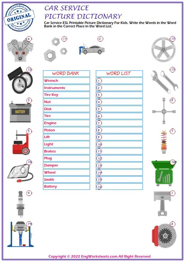 Car Service ESL Printable Picture Dictionary For Kids. Write the Words in the Word Bank in the Correct Place in the Word List. Worksheet Preview