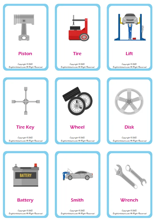 Wordless Car Service vocabulary worksheet with six images per page Worksheet Preview
