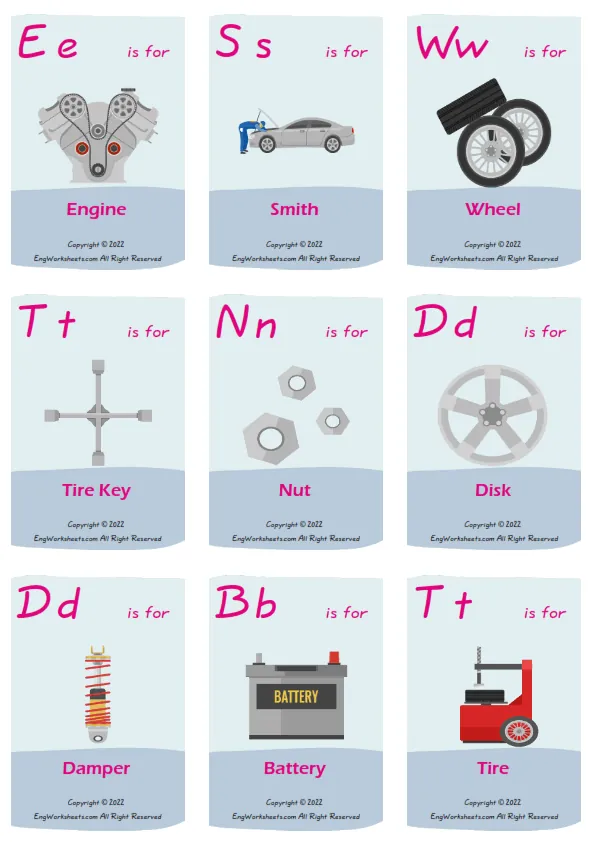 Car Service vocabulary worksheet with words, four images per page Worksheet Preview