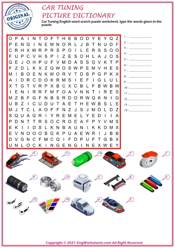 Car Tuning English word search puzzle worksheet, type the words given in the puzzle. Worksheet Preview