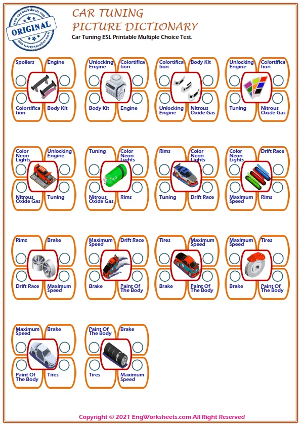 Car Tuning ESL Printable Multiple Choice Test. Worksheet Preview
