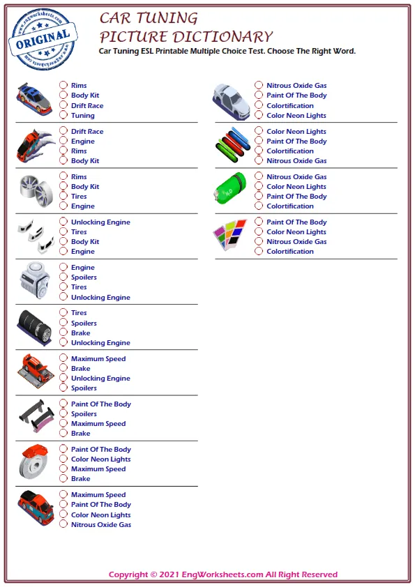 Car Tuning ESL Printable Multiple Choice Test. Choose The Right Word. Worksheet Preview