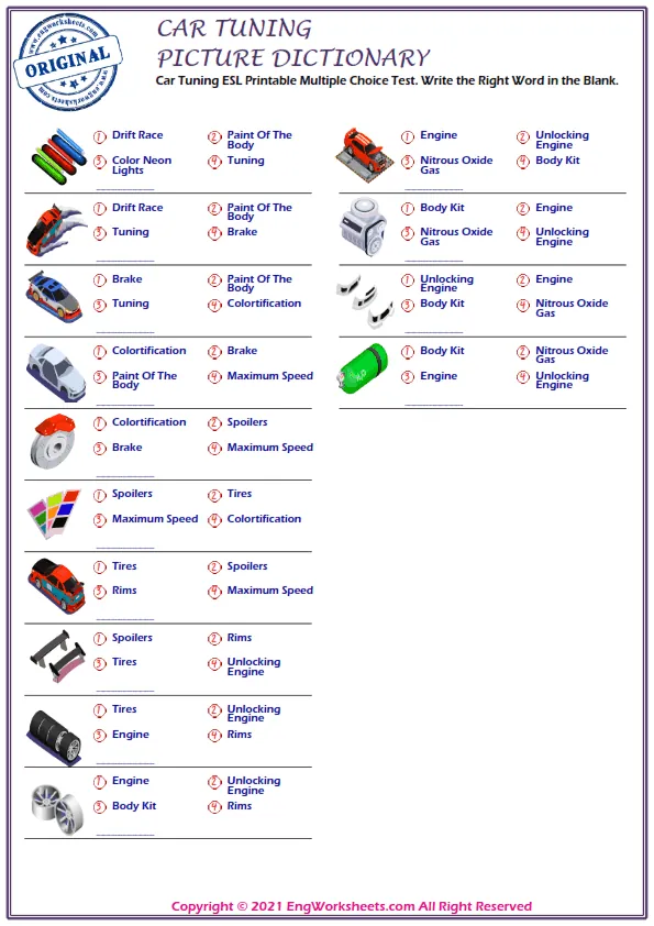 Car Tuning ESL Printable Multiple Choice Test. Write the Right Word in the Blank. Worksheet Preview