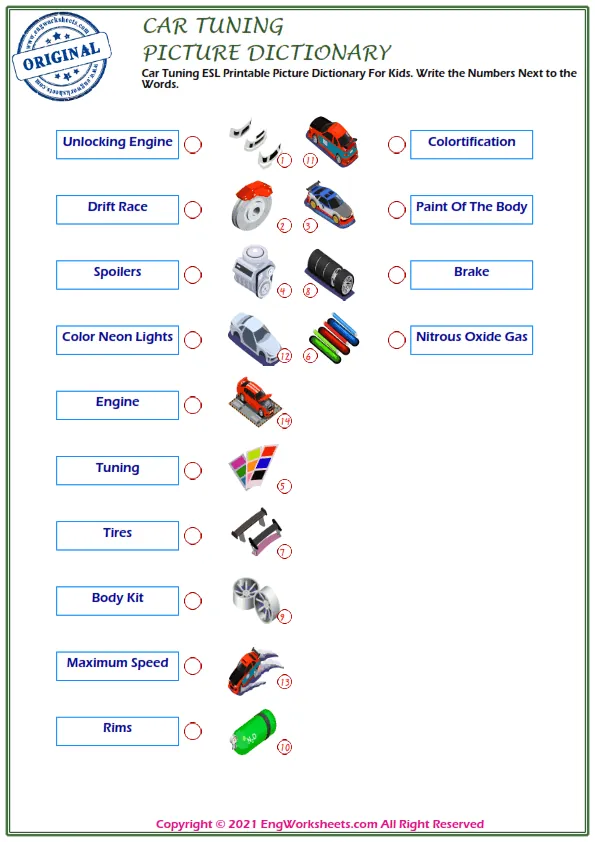 Car Tuning ESL Printable Picture Dictionary For Kids. Write the Numbers Next to the Words. Worksheet Preview